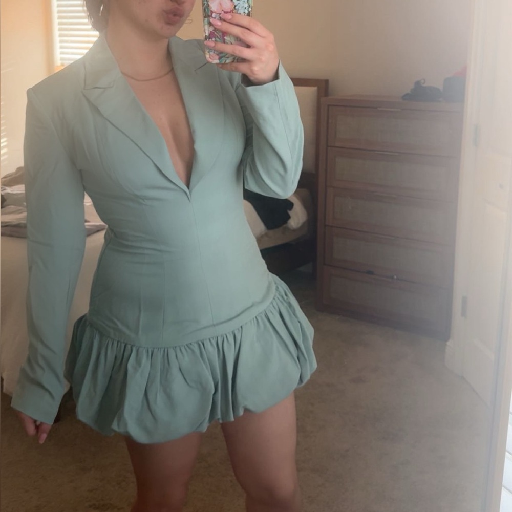 Blue bubble hem mini dress with v neck